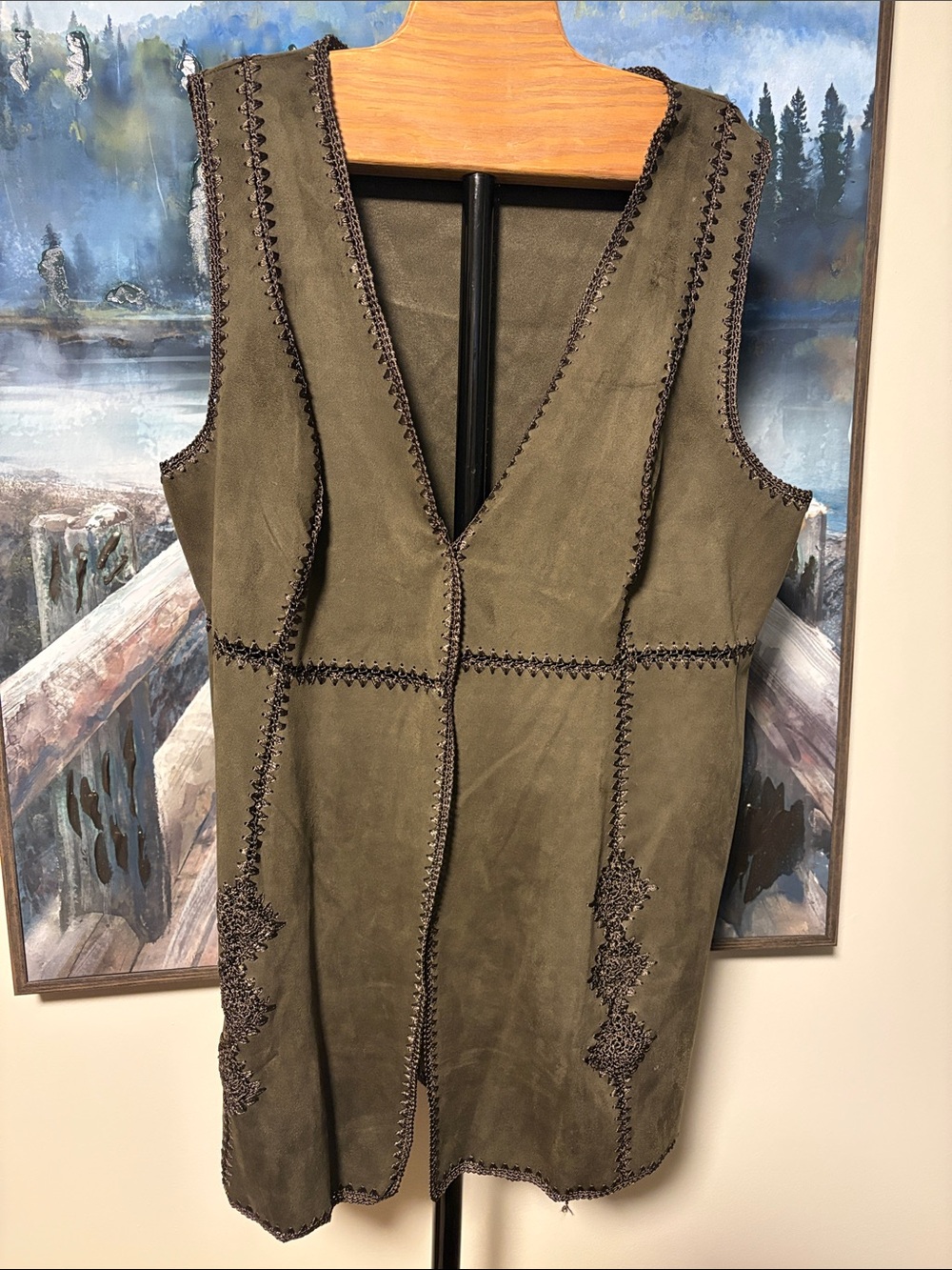 Olive Faux Suede Patchwork Vest with Contrast Stitching